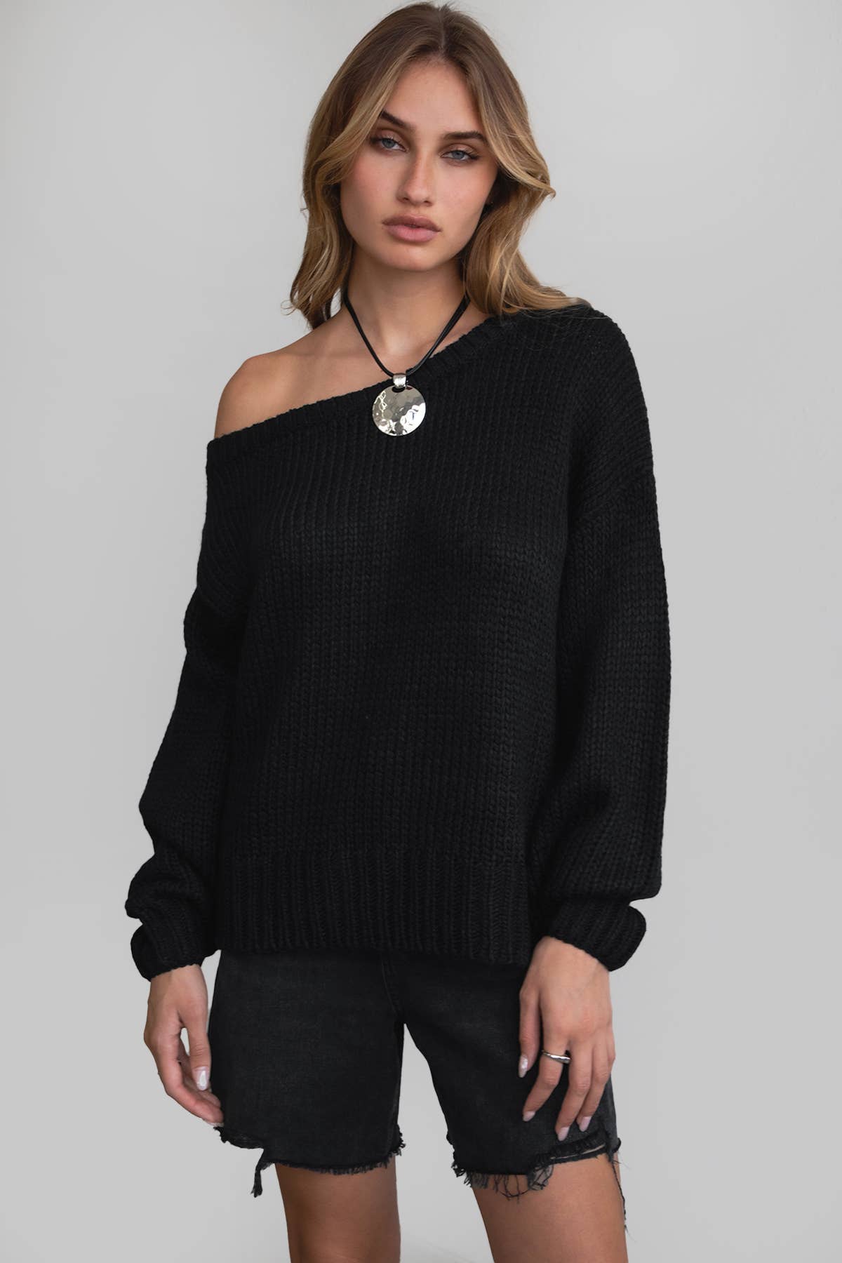 BRANDY Ribbed Knit Off The Shoulder Relaxed Sweater: Navy