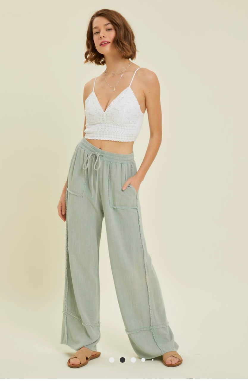 Mineral Washed Wide Leg Pants - Light Blue