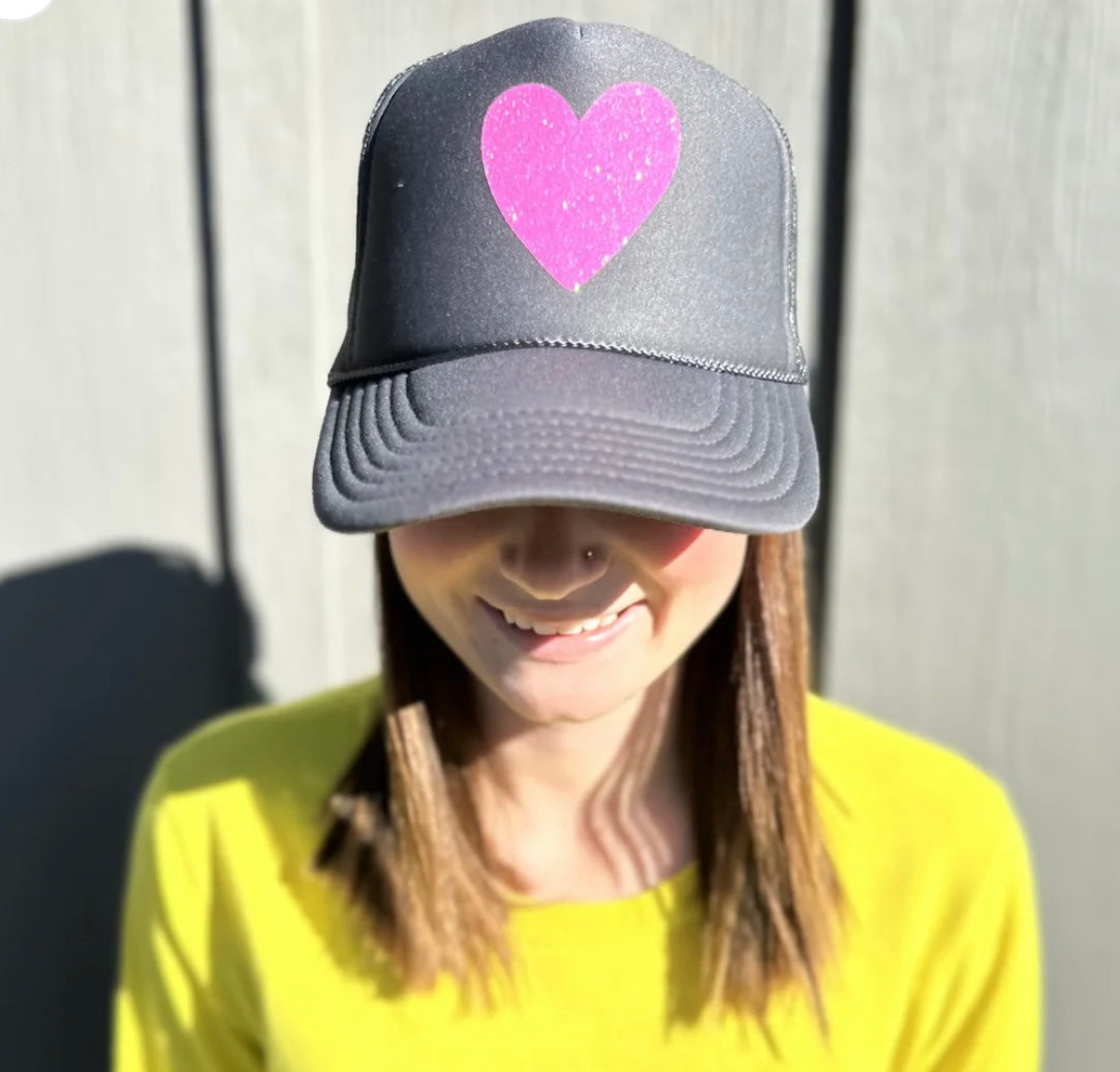 Gray trucker hat with Pink Heart