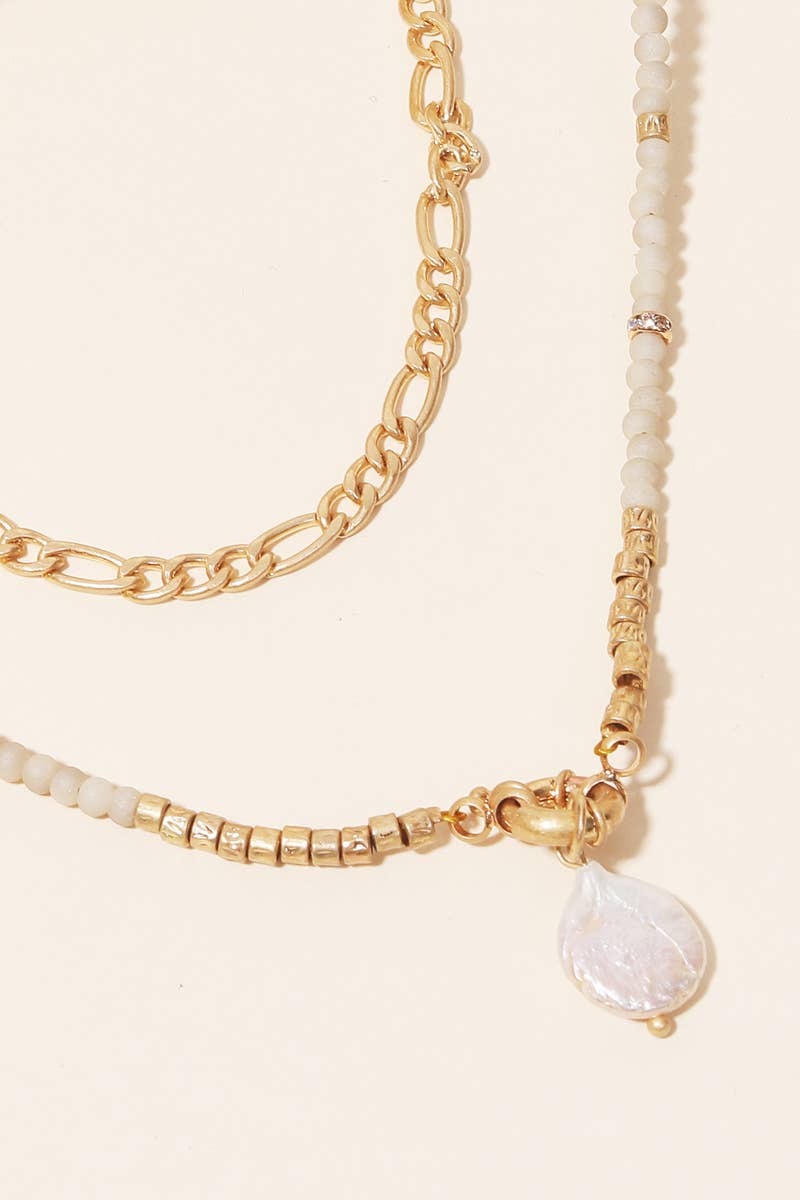 Layered Bead Chain Pearl Charm Necklace: Tan