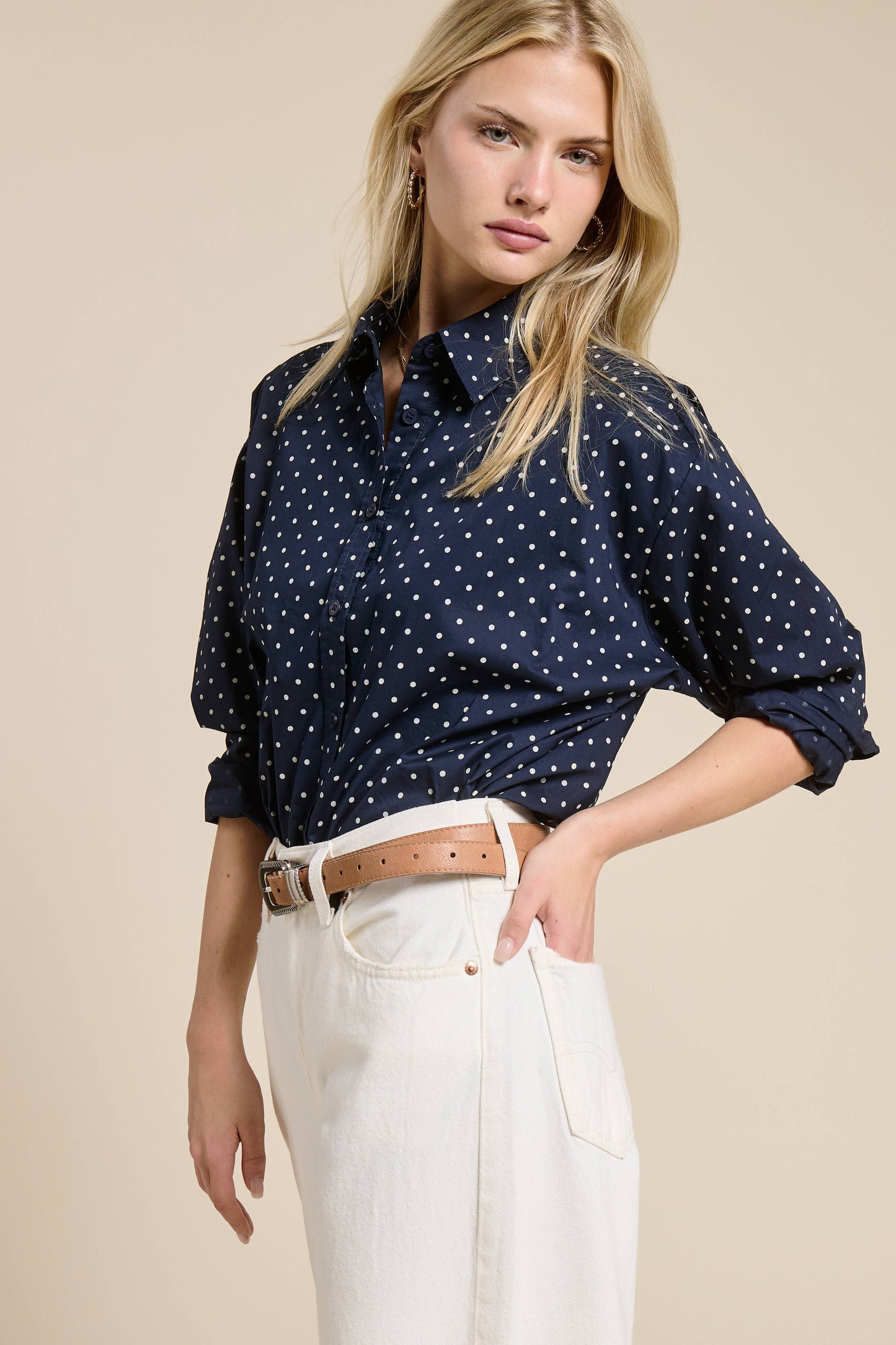 Polka Dot Oversized Button Down Shirt: Navy