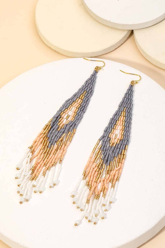 Seed Beaded Fringe Drop Earrings: Periwinkle/blush