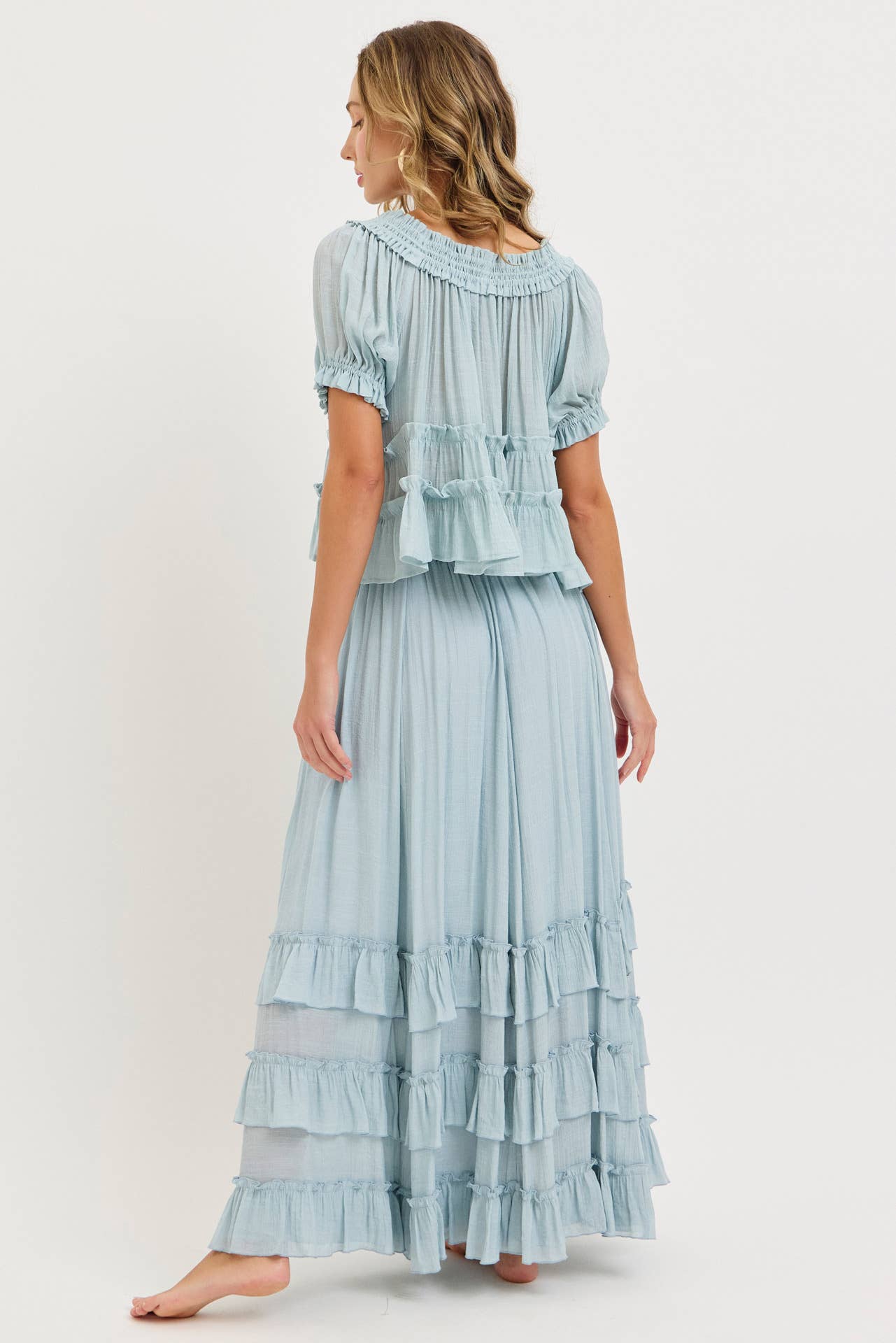 EASY FLOWY TIERED RUFFLE MAXI SKIRT SET: MISTY BLUE