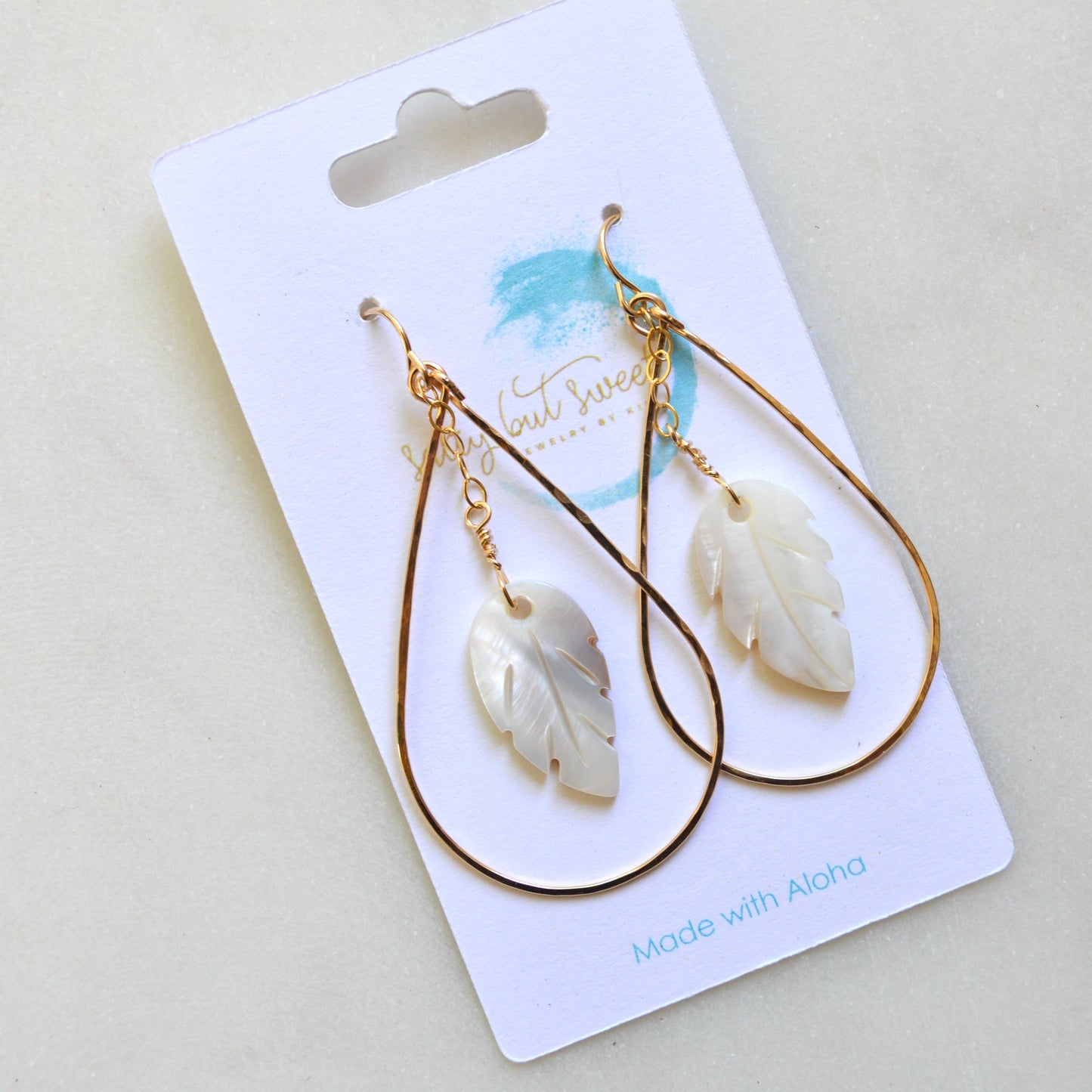 Mother of Pearl Leaf Teardrop Earrings: Gold Filled