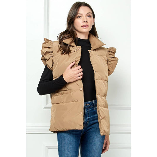 Ruffle Short Sleeve Padded Vest: Mocha