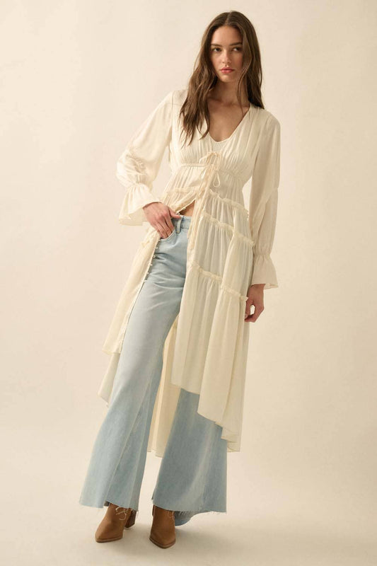 Solid Ruffled Trumpet-Sleeve High-Low Midi Dress: CREAM