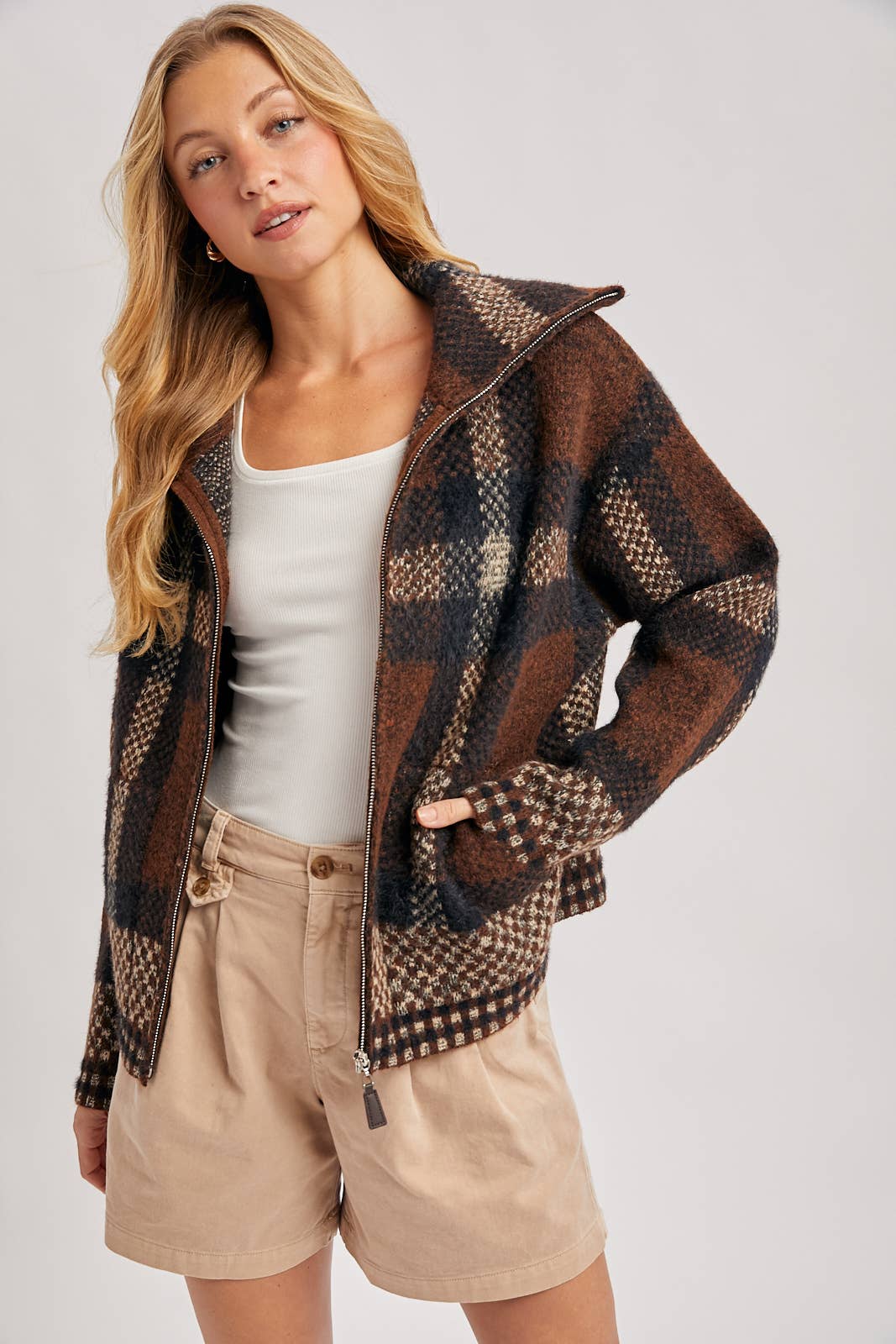 Plaid Knit Sweater Jacket