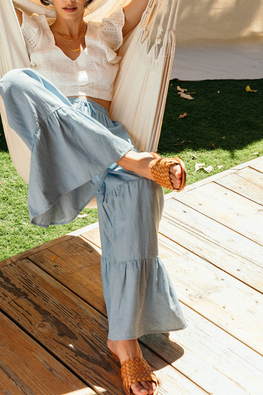 Chambray Tiered Wide Leg Pants