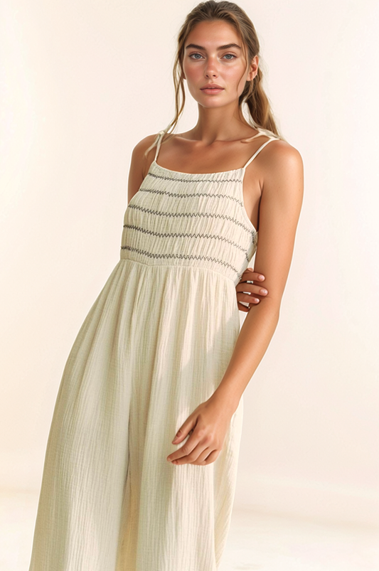 Garment Washed Smocked Jumpsuit