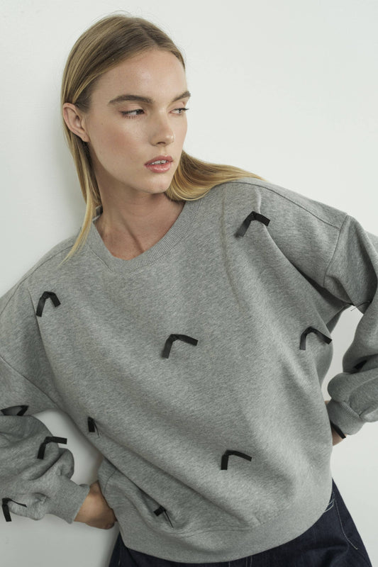 SATIN TAPE RIBBON CREWNECK SWEATSHIRTS: Heather Grey