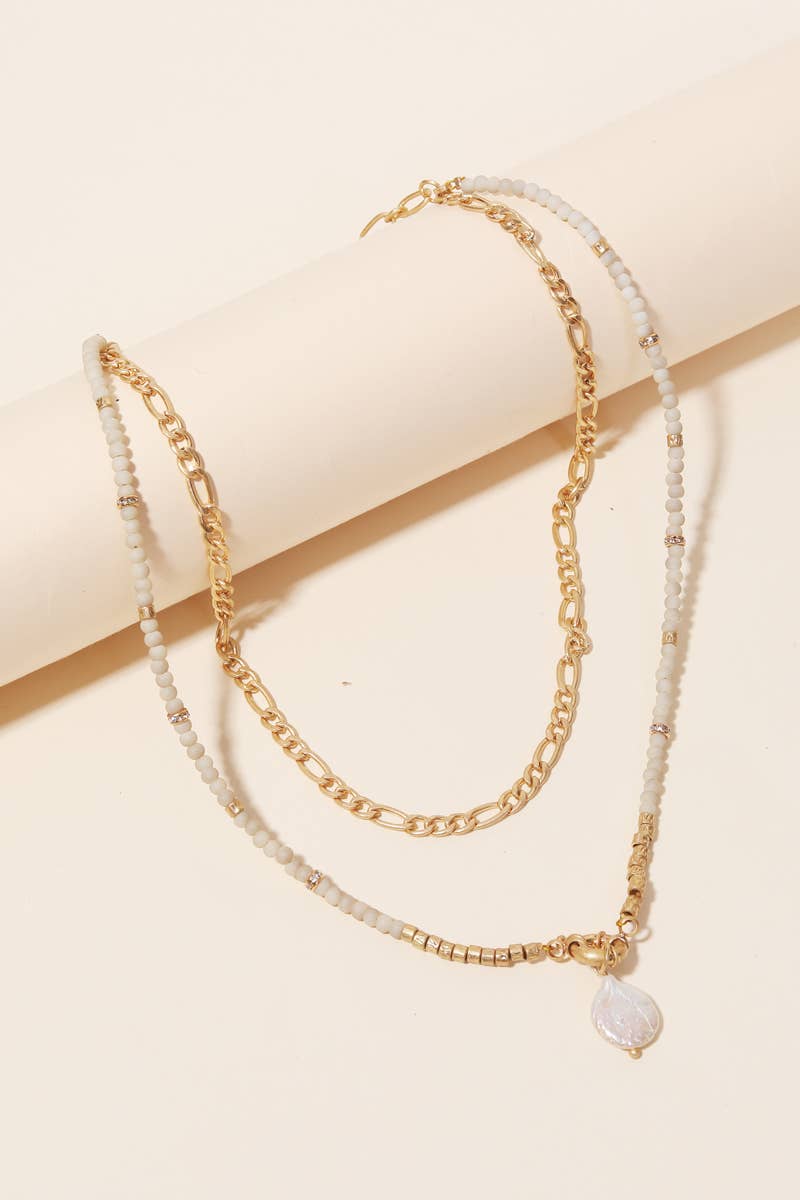 Layered Bead Chain Pearl Charm Necklace: Tan