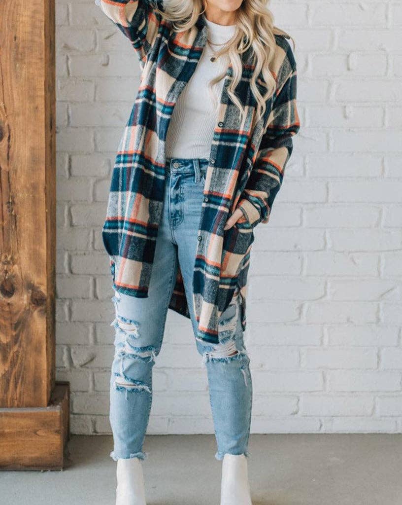 Plaid Buttoned Long Shacket w/Pockets