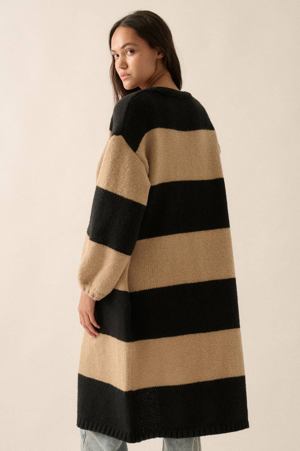 Striped Knit Open-Front Duster Pocket Cardigan: Pine-Starlight Blue