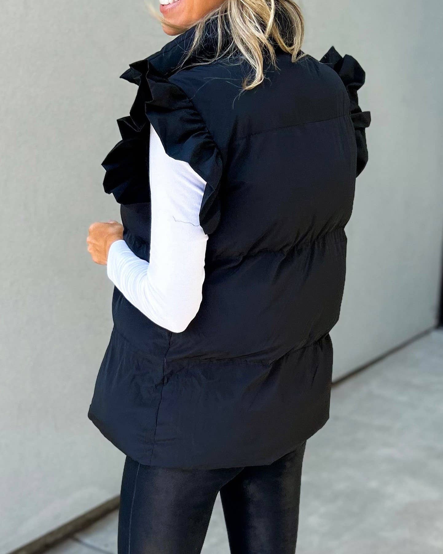 Double Slip Pockets And Ruffled Sleeve Vest: Black