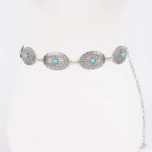 Western style metal chain belt with round turquoise stones