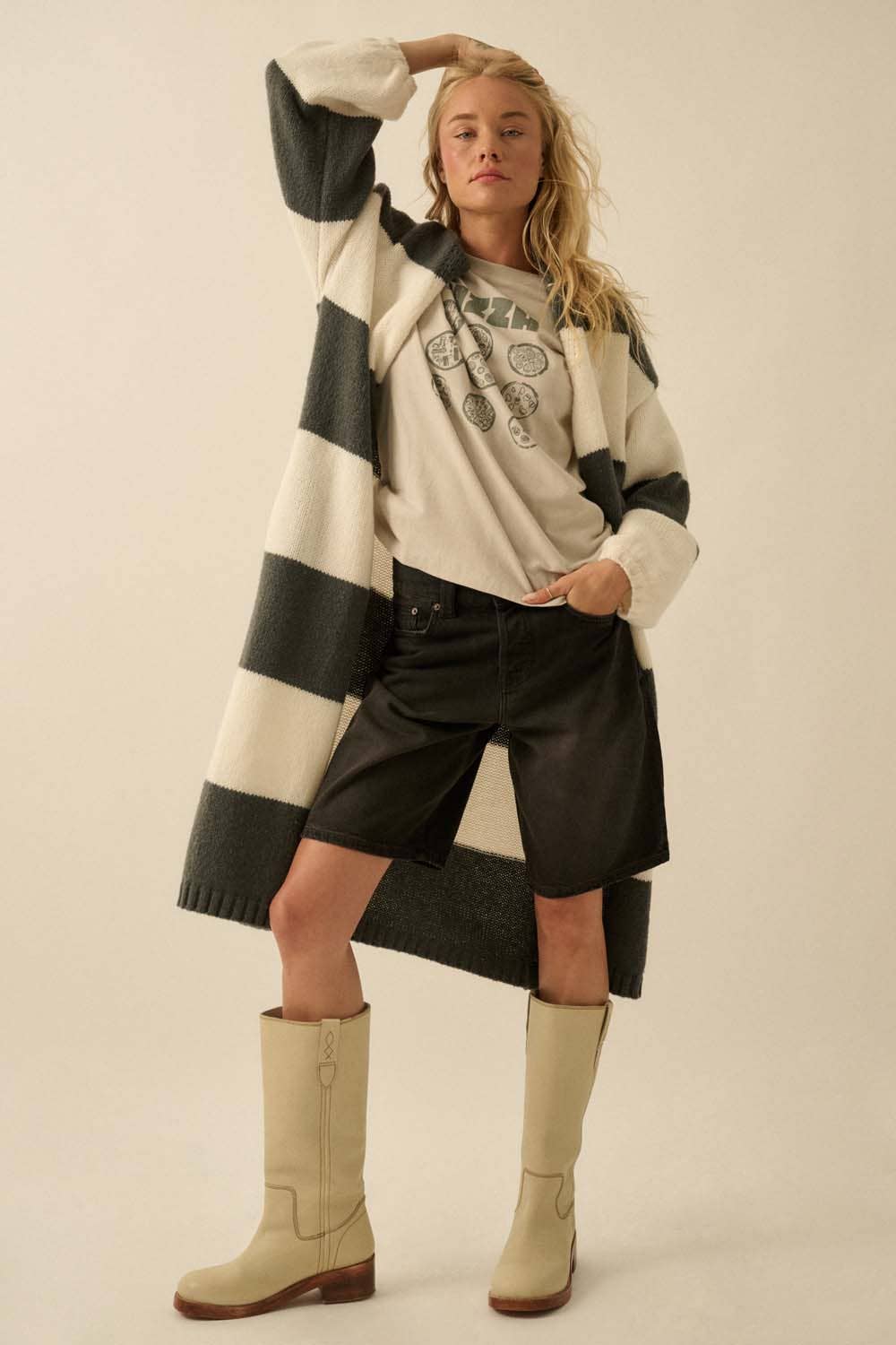 Striped Knit Open-Front Duster Pocket Cardigan: Pine-Starlight Blue