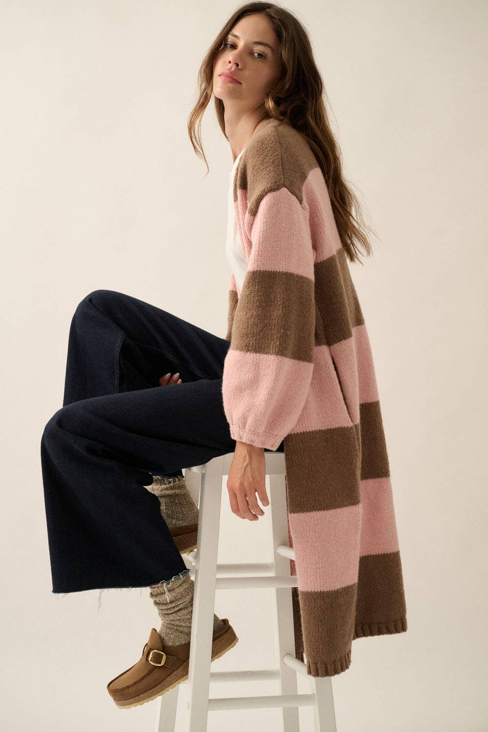 Striped Knit Open-Front Duster Pocket Cardigan: Pine-Starlight Blue