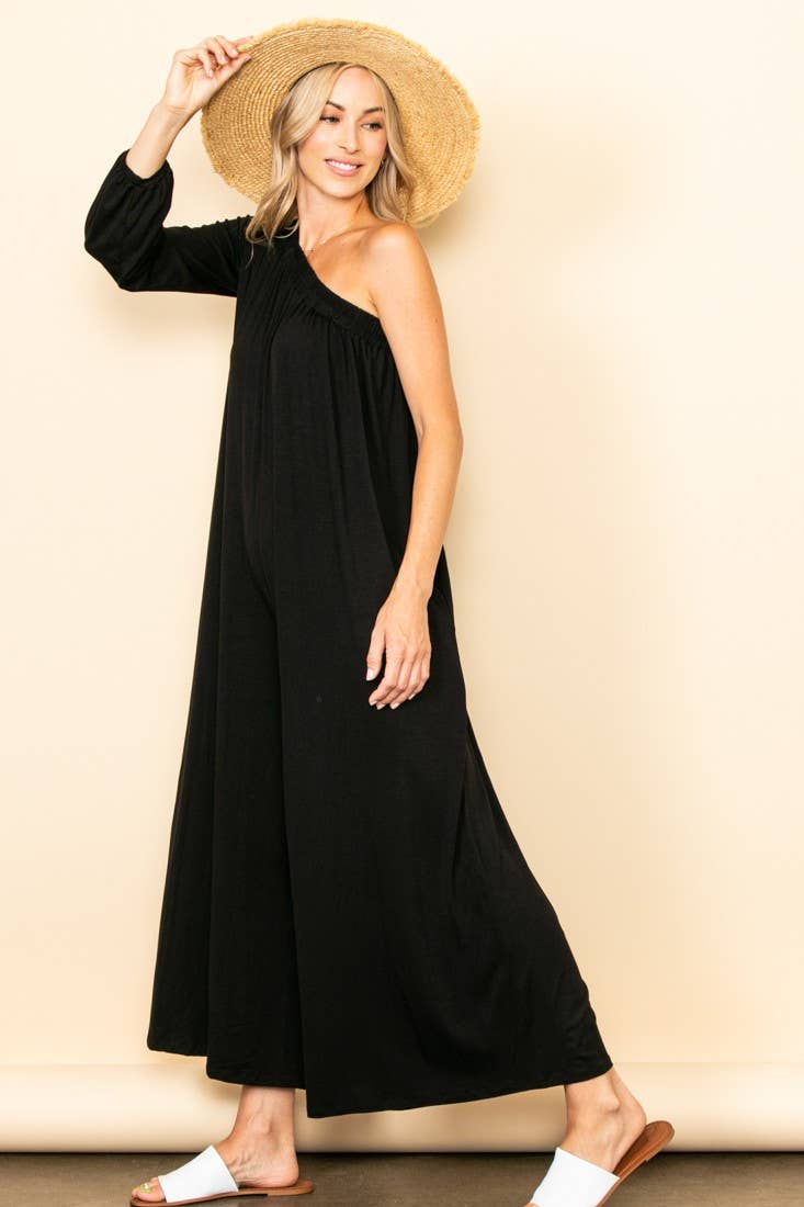 One Shoulder Wide Legs Jumpsuit: Black