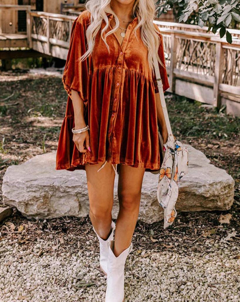 Velvet Lantern Sleeve Babydoll Shirt - Chestnut