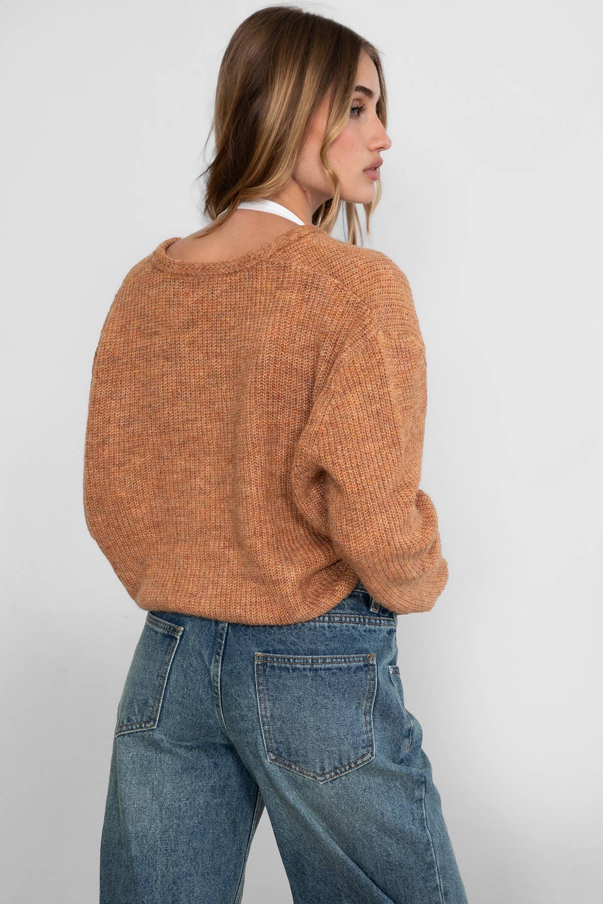 CURTY Fall Winter Marled Sweater Knit Cardigan Top: WHEAT MULTI