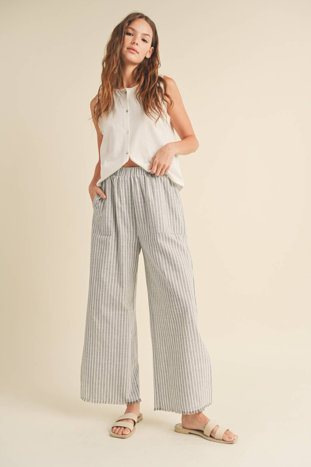 Striped Raw Edge Linen Pants