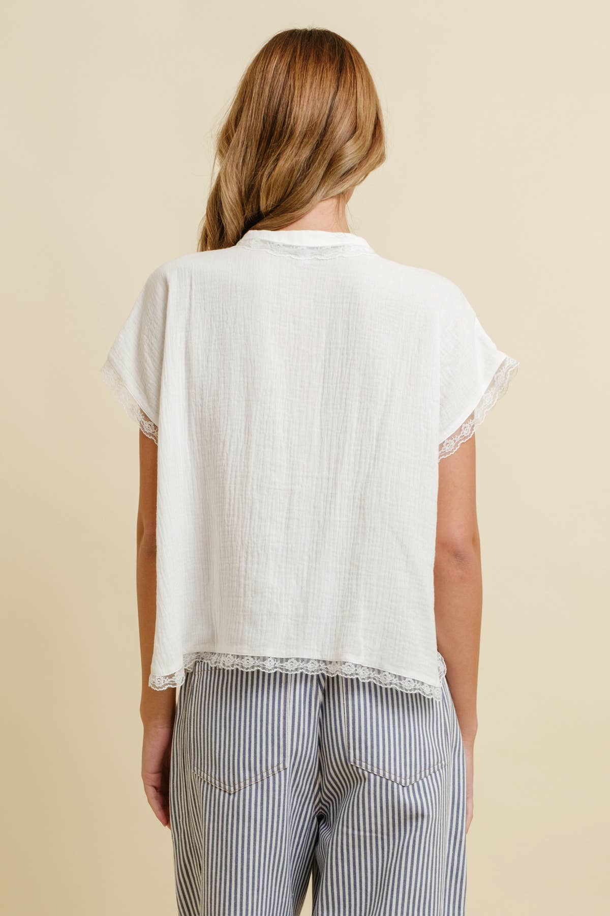 TIE FRONT LACE TRIM TOP: WHITE