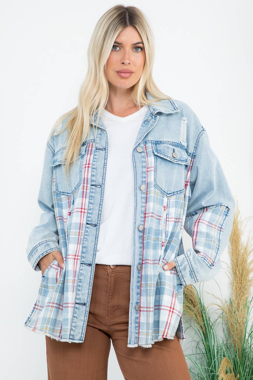 Oversized Denim and Plaid  Shacket: Lt Blue