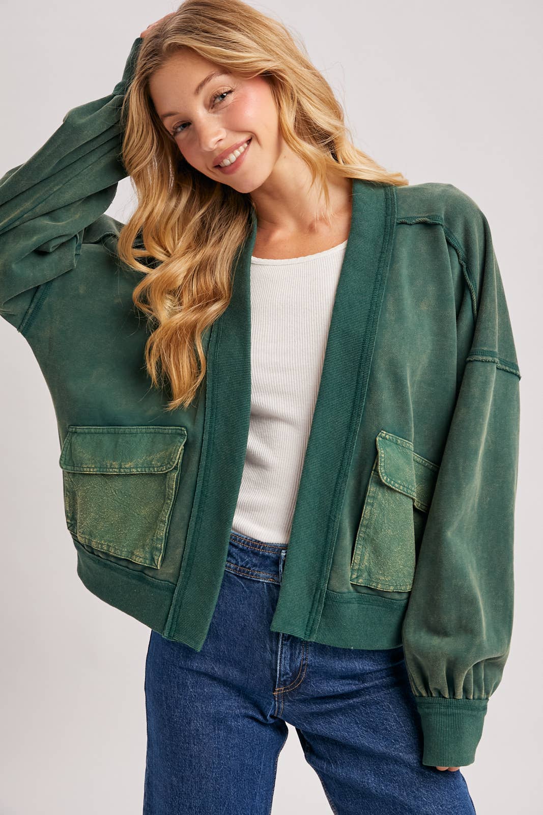 Washed Open Front Cardigan