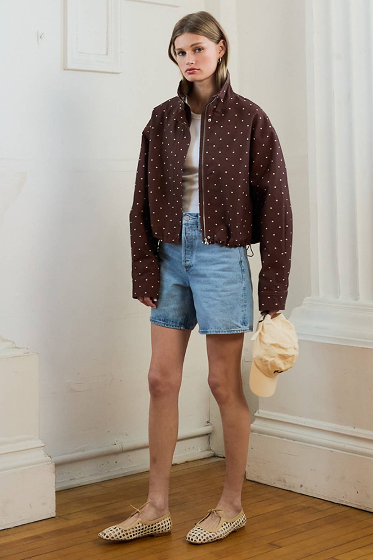 Polka Dot High Neck Drawstring Full Zip Jacket -BROWN DOT