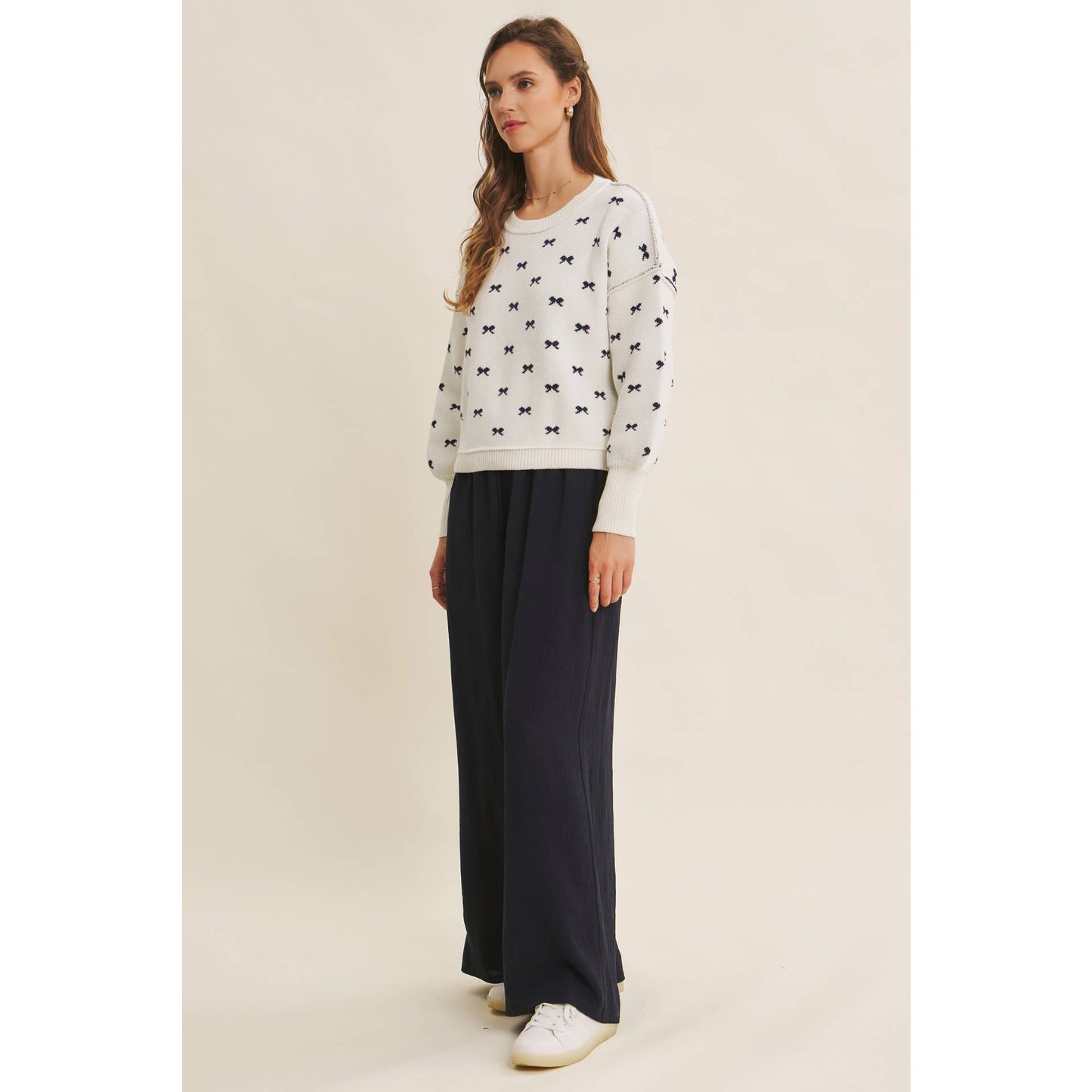 SOFT INVITATION RIBBON JACQUARD BALLOON SLEEVE SWEATER