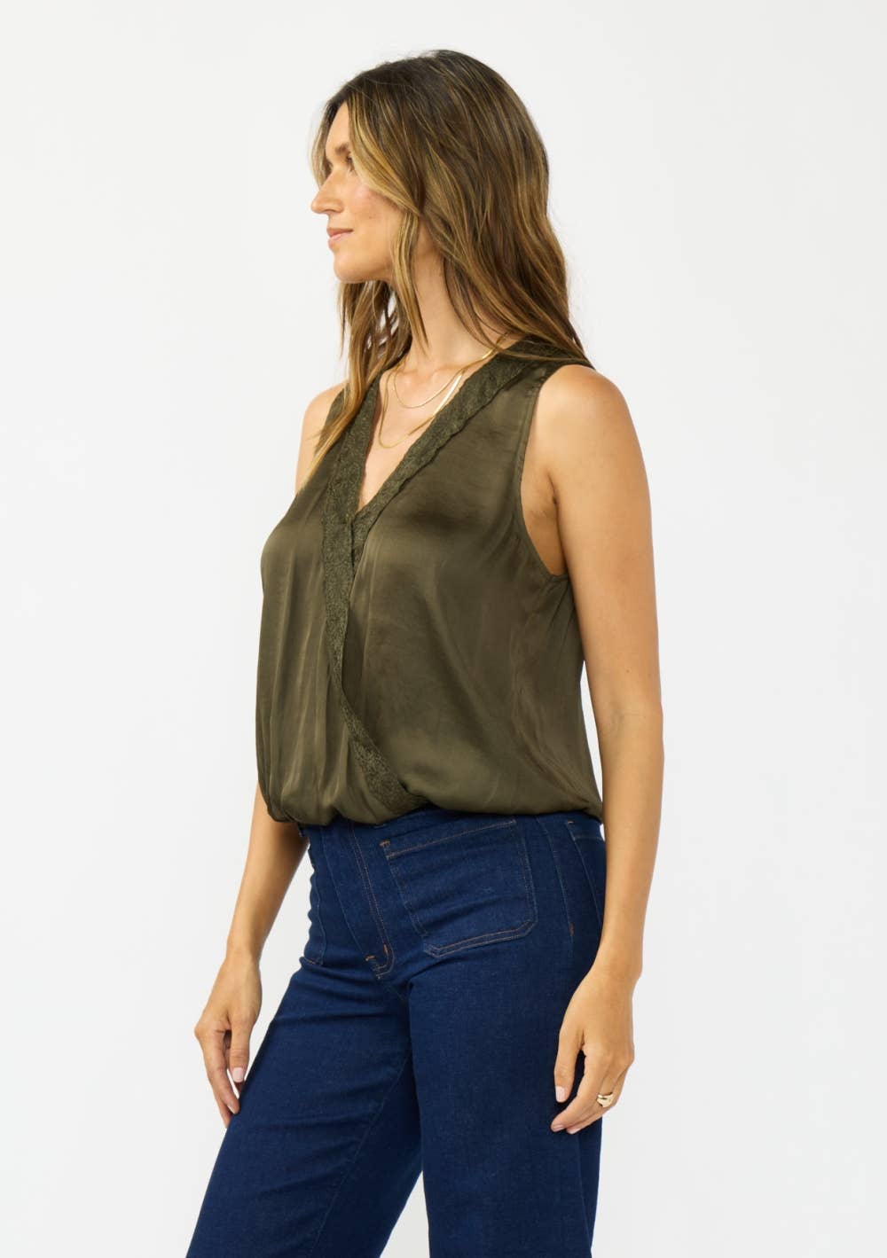 Sleeveless Embroidered Surplice Top with Elastic Hem: OLIVE