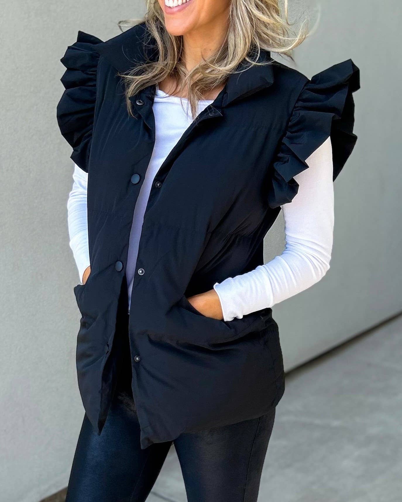 Double Slip Pockets And Ruffled Sleeve Vest: Black