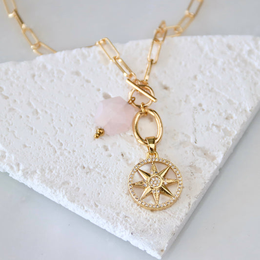 Rose Quartz Mother of Pearl Star Coin Necklace