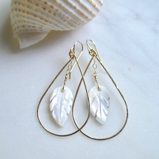 Mother of Pearl Leaf Teardrop Earrings: Gold Filled