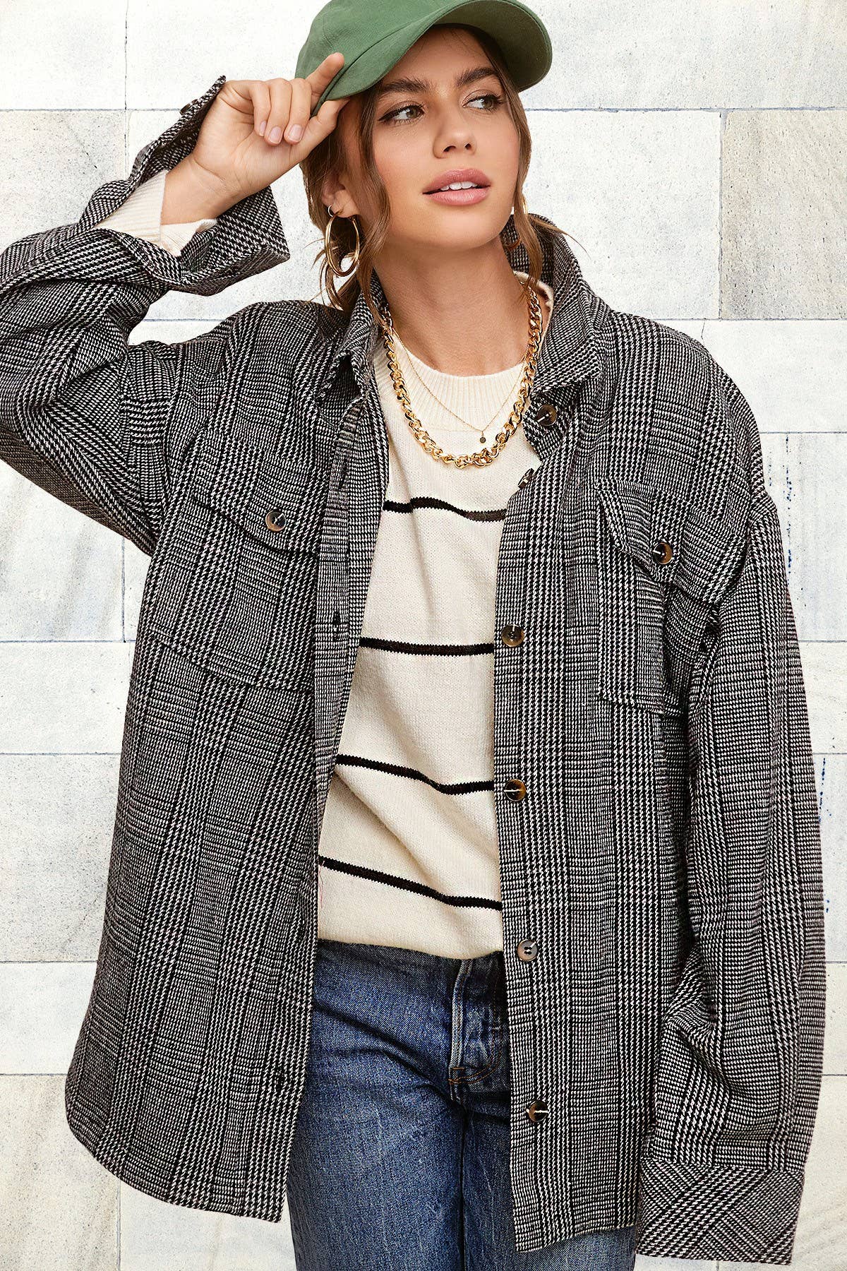 Classic Button Down Plaid Shacket: Black