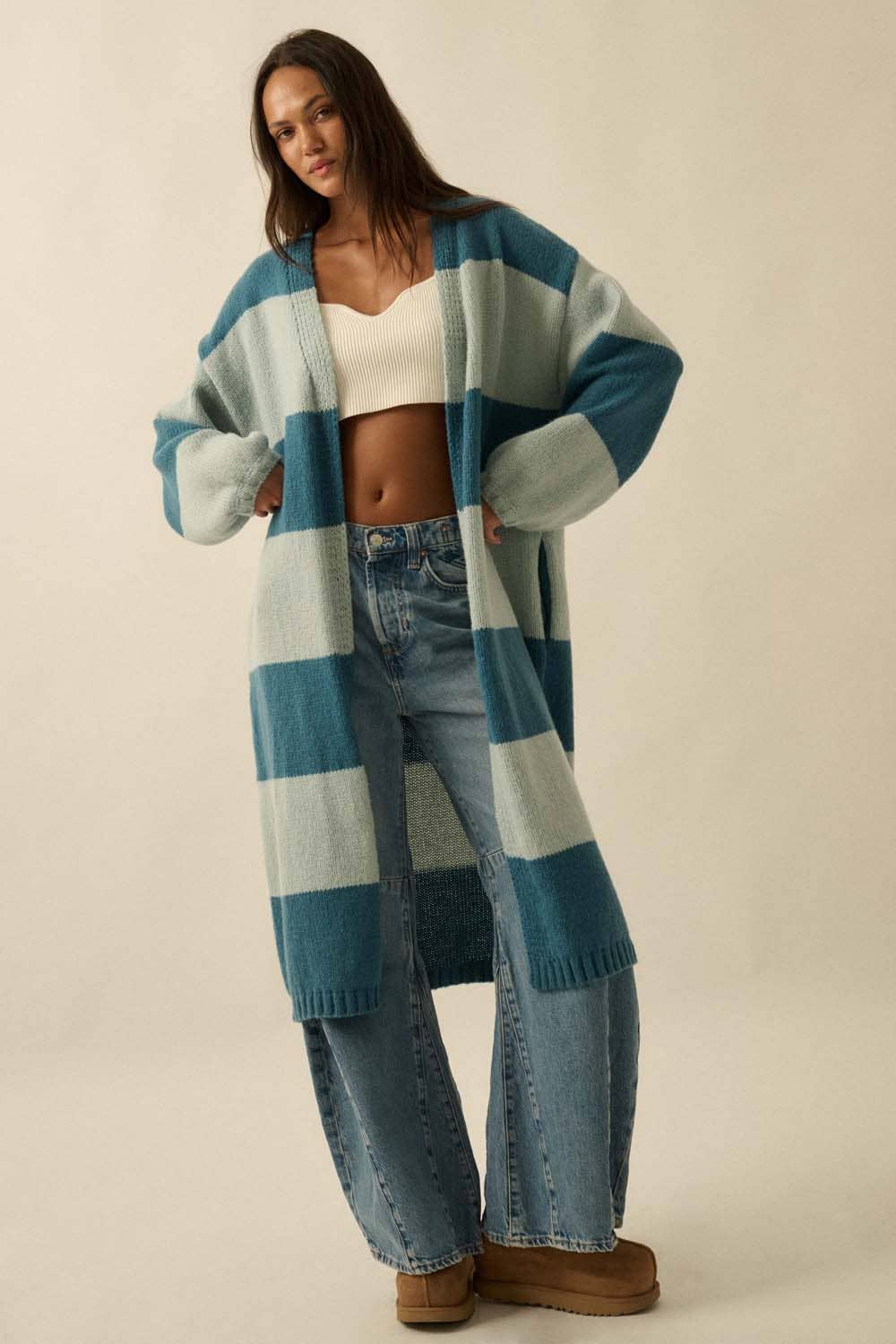 Striped Knit Open-Front Duster Pocket Cardigan: Pine-Starlight Blue