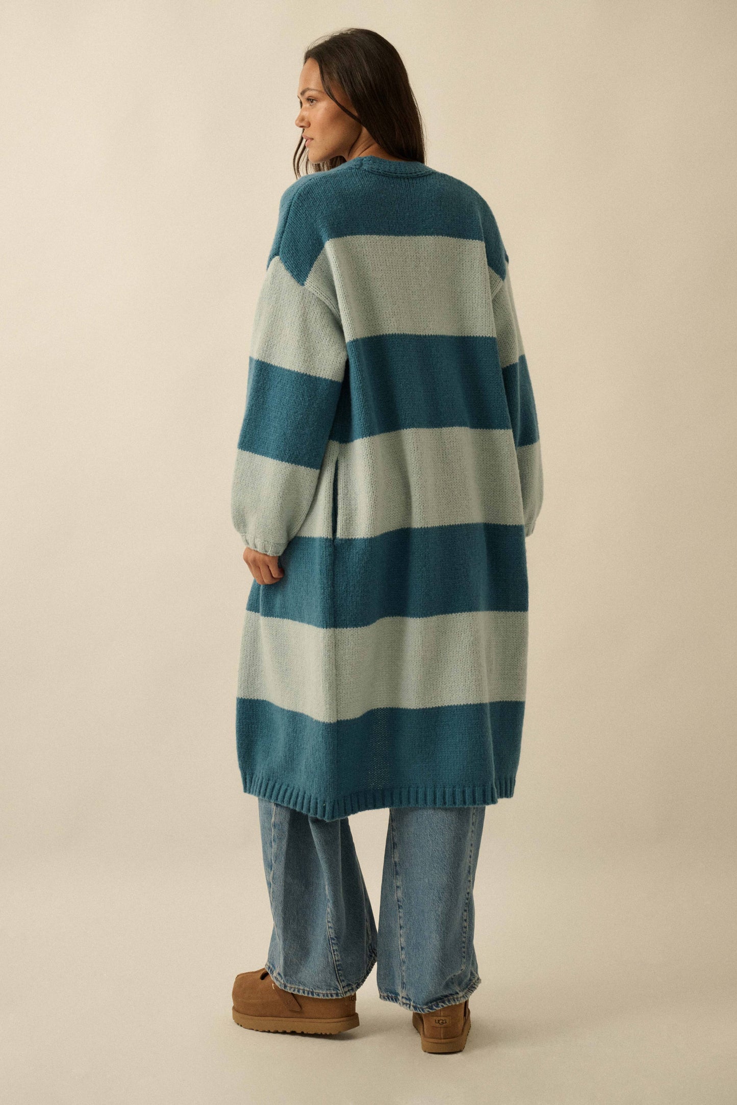 Striped Knit Open-Front Duster Pocket Cardigan: Pine-Starlight Blue