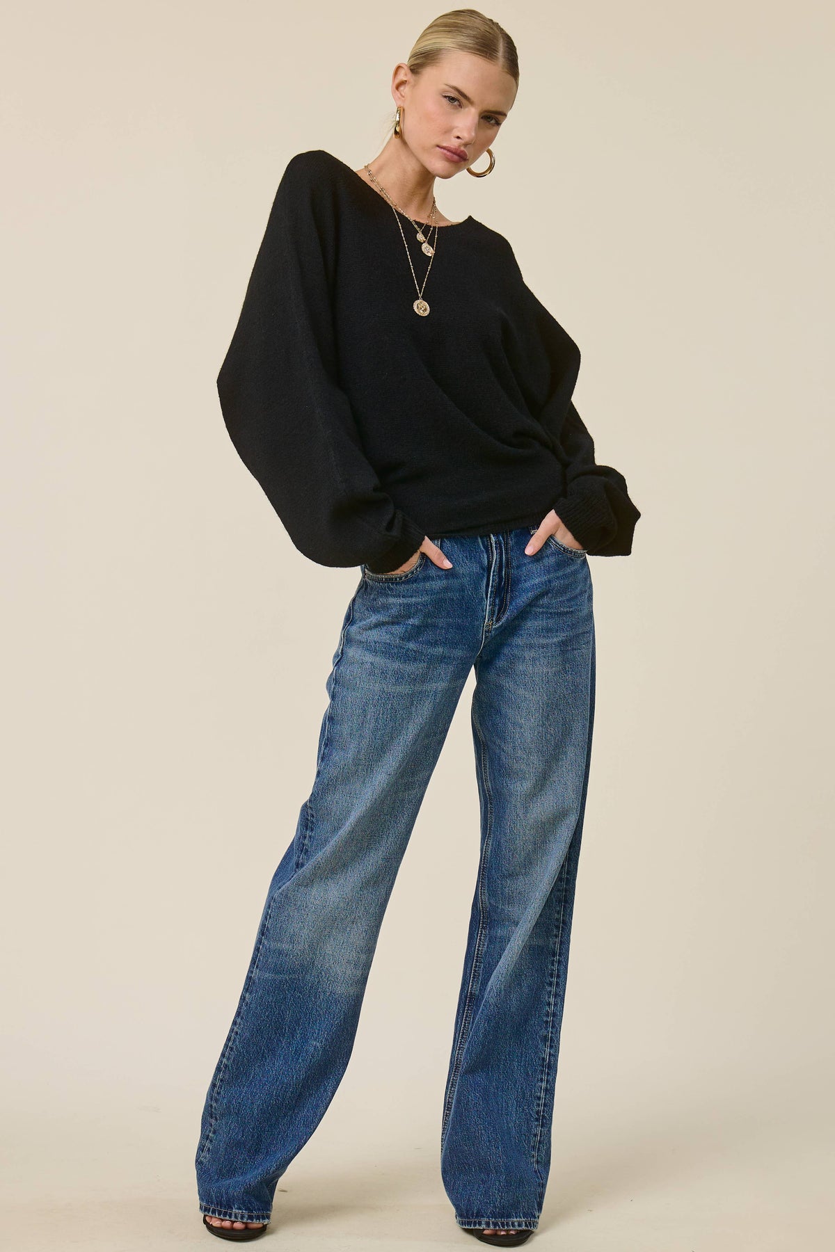 Slouchy Dolman Sleeve Knit Sweater: BLACK