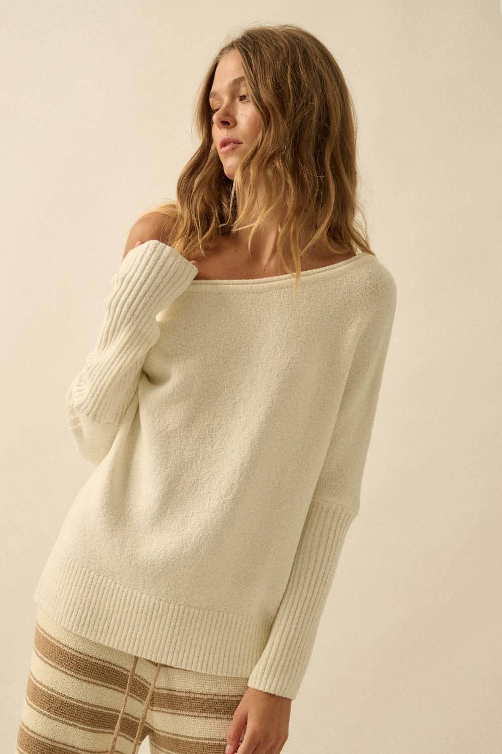Textured Knit One-Shoulder Boatneck Dolman Sweater: Cream