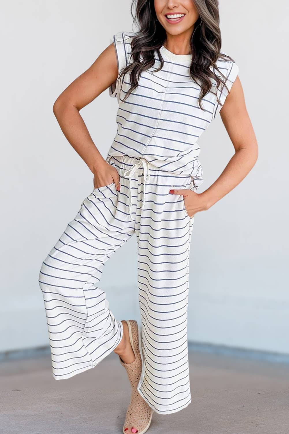 Casual Style Striped Short Sleeve Two-Piece Set | Blue/White