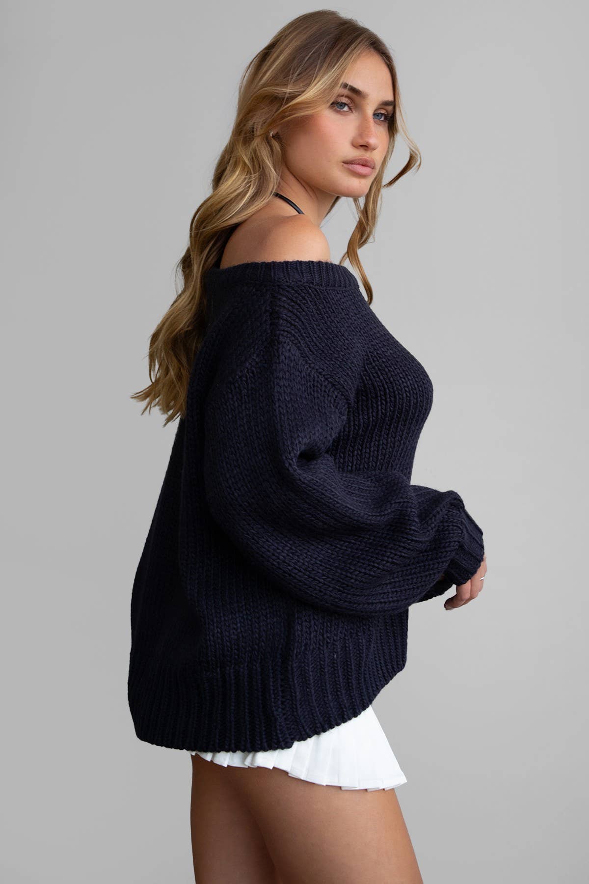 BRANDY Ribbed Knit Off The Shoulder Relaxed Sweater: Navy