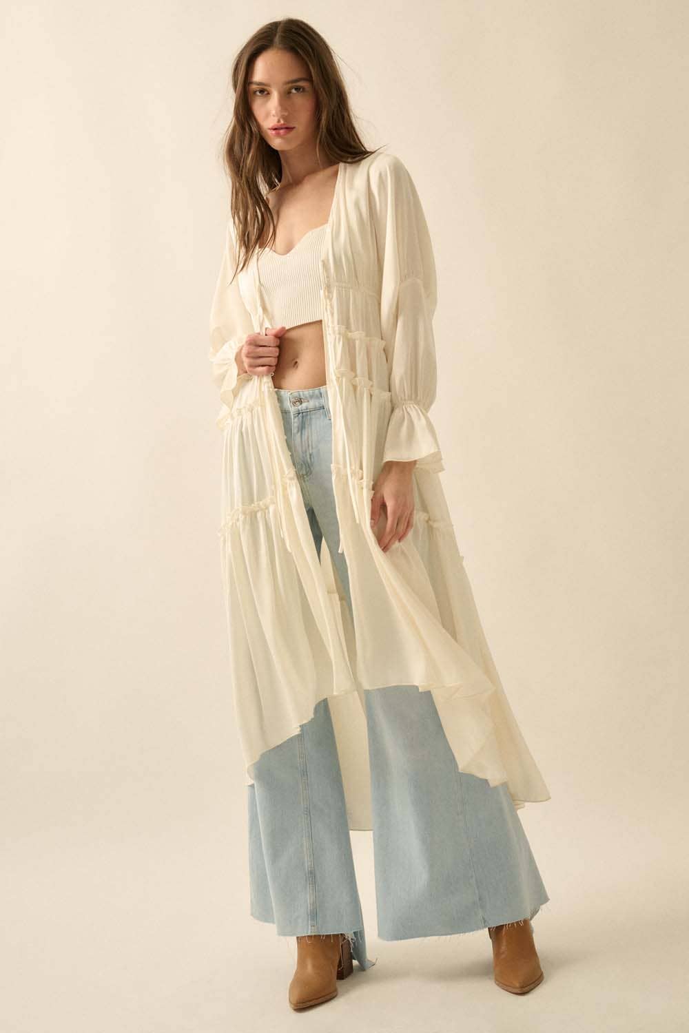 Solid Ruffled Trumpet-Sleeve High-Low Midi Dress: CREAM