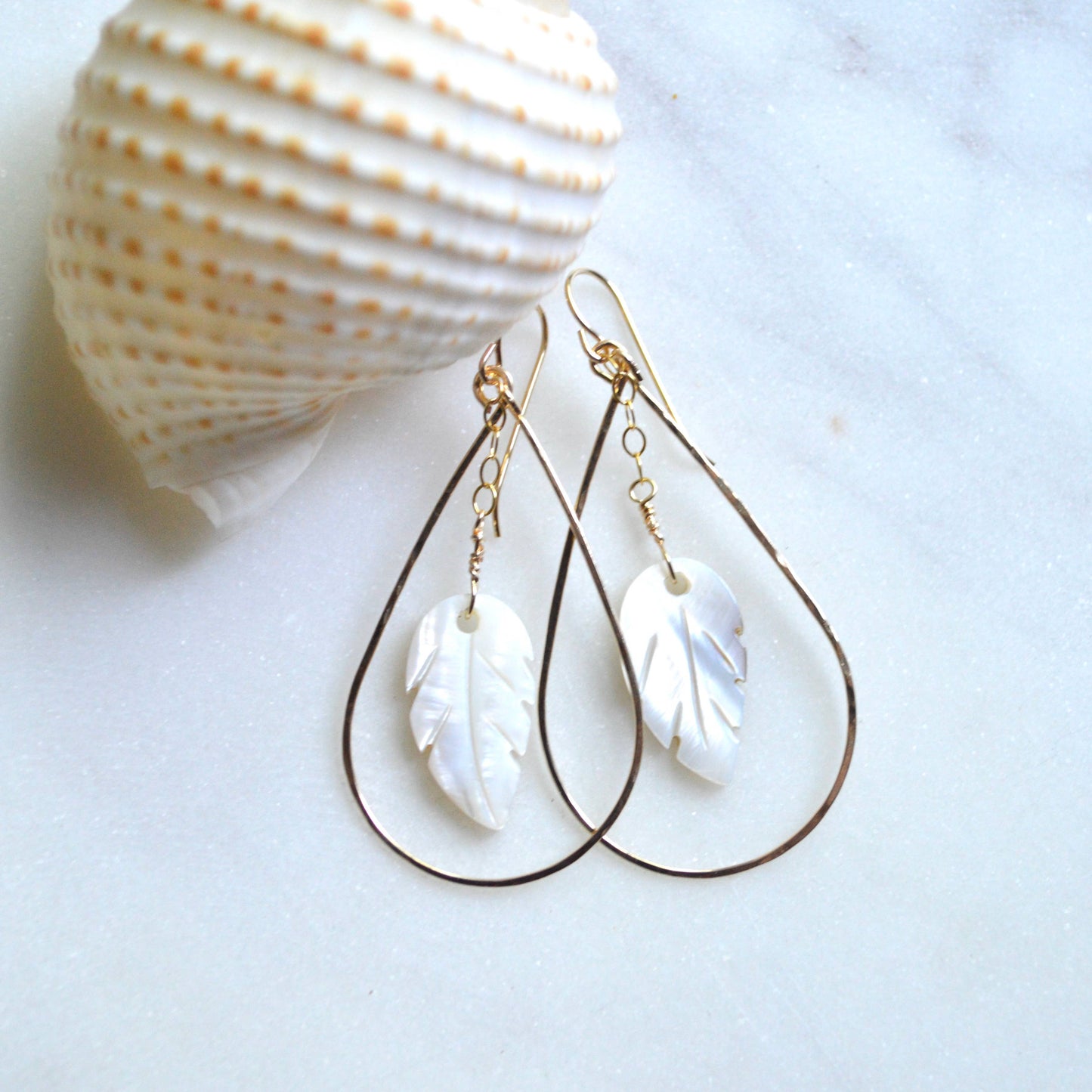 Mother of Pearl Leaf Teardrop Earrings: Gold Filled