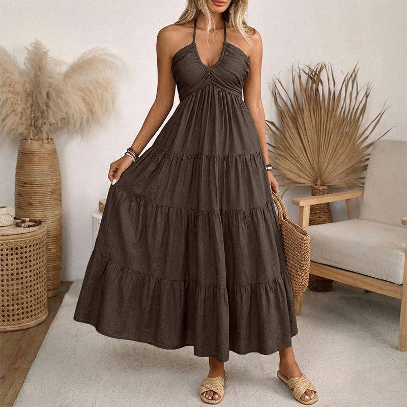Halter V Neck Tiered Maxi Dress Coffee Brown