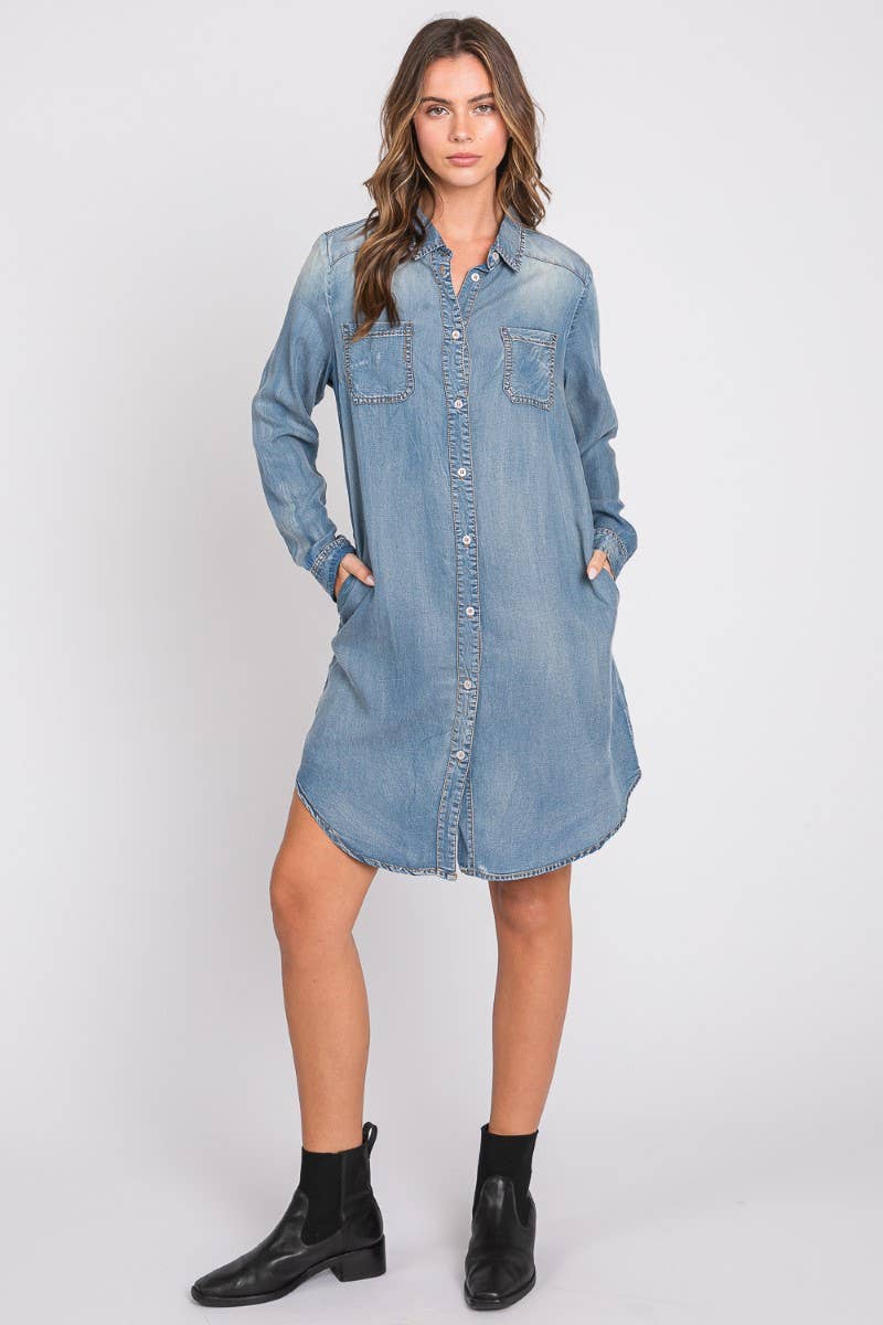 Washed Shirts Denim Dress : Light Denim