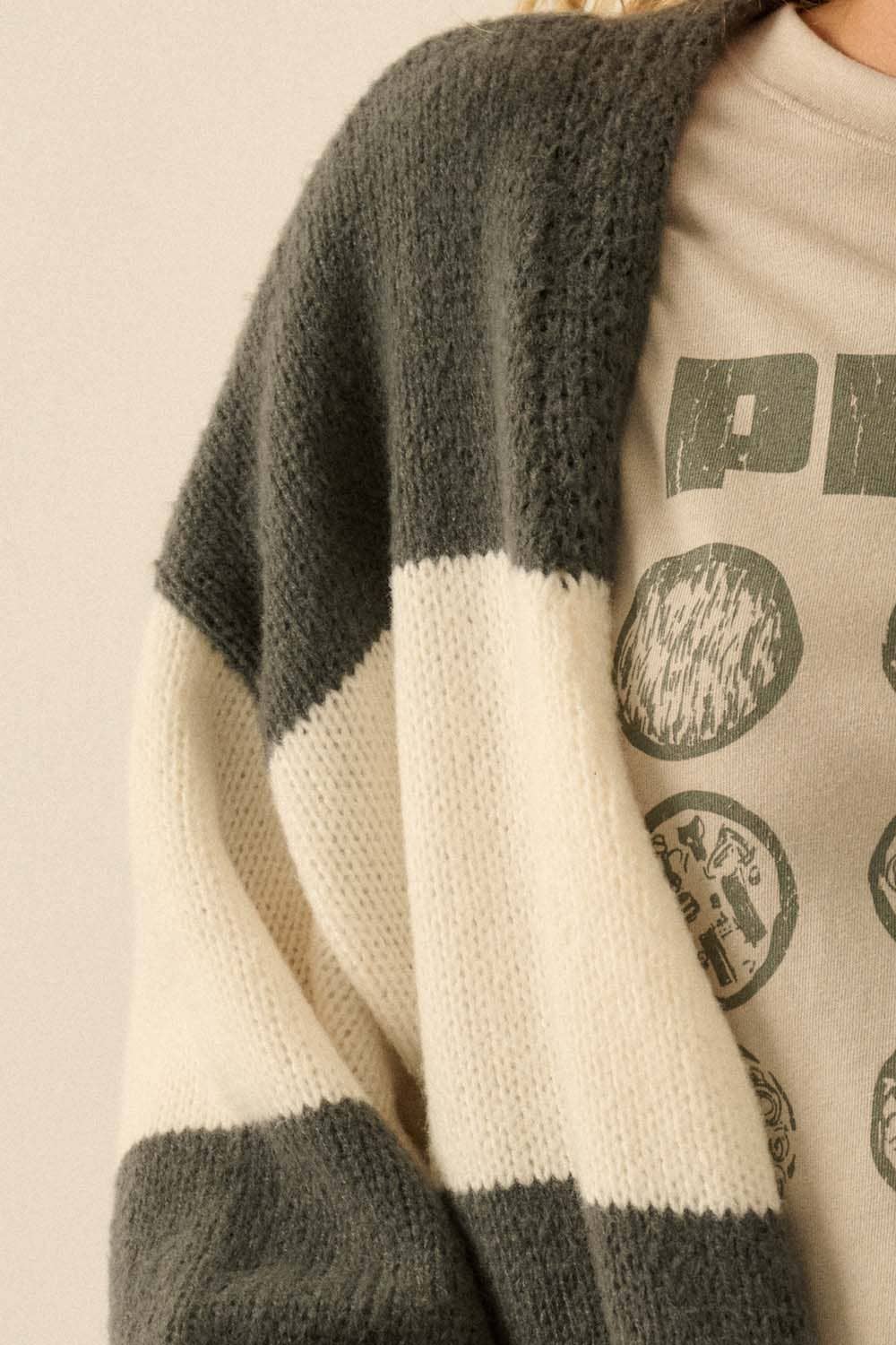 Striped Knit Open-Front Duster Pocket Cardigan: Pine-Starlight Blue