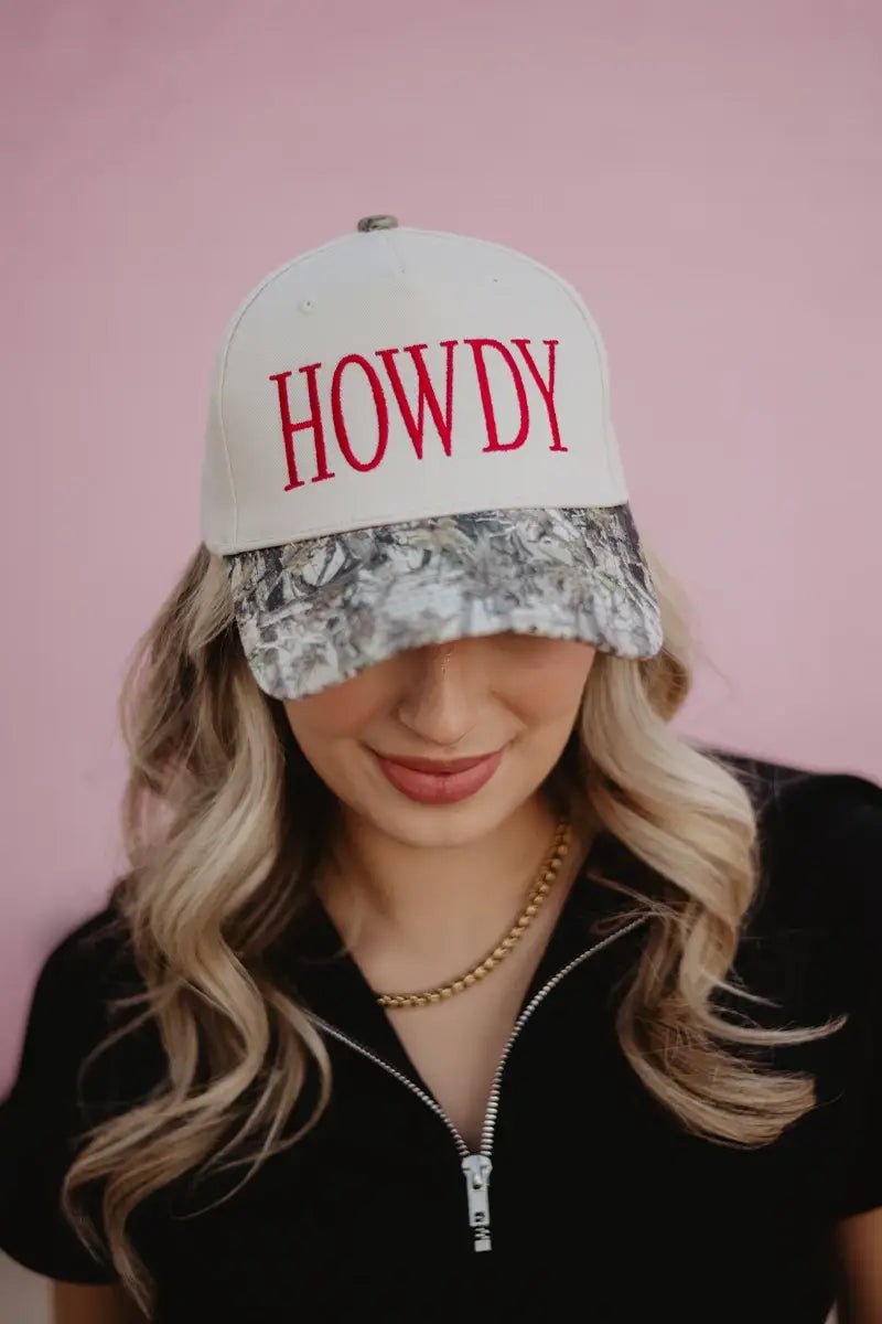 HOWDY Two-Toned Trucker Hat: Camo and Cream