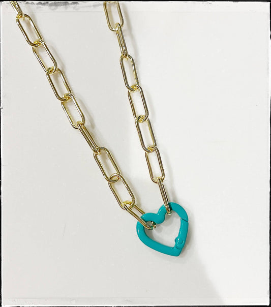 Gold Paperclip Necklace with Carabiner Heart:Turquoise