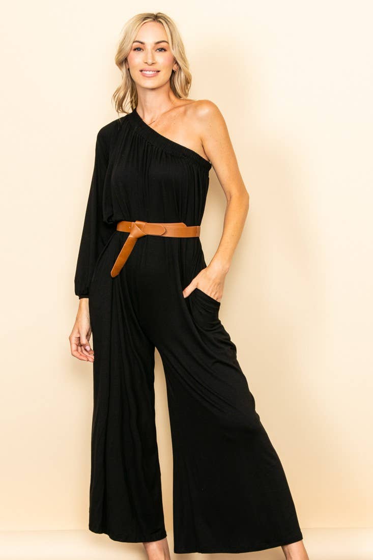 One Shoulder Wide Legs Jumpsuit: Black