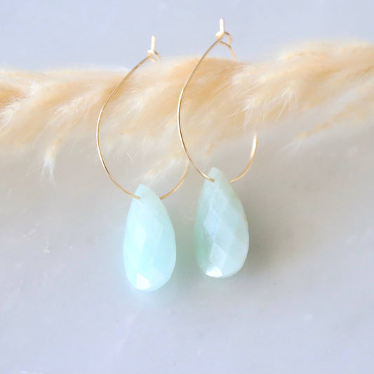 Teardrop Wire Hoop Earrings - Amazonite